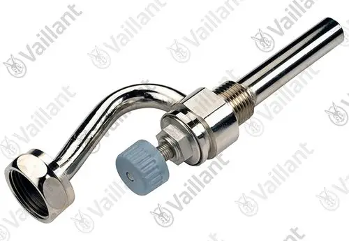 Vaillant Kaltwasseranschluss mit gebogenem Rohr, Gewinde und verstellbarem Handrad zur Regulierung des Wasser Flusses.
